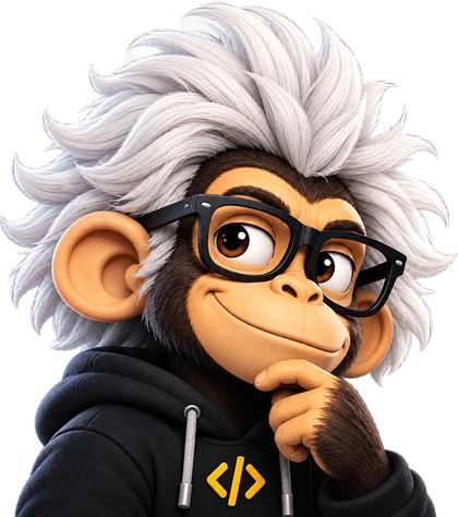 La mascota de ChangosDev: un chango de pelo blanco y gafas, pensativo, con un buzo negro con el símbolo de código